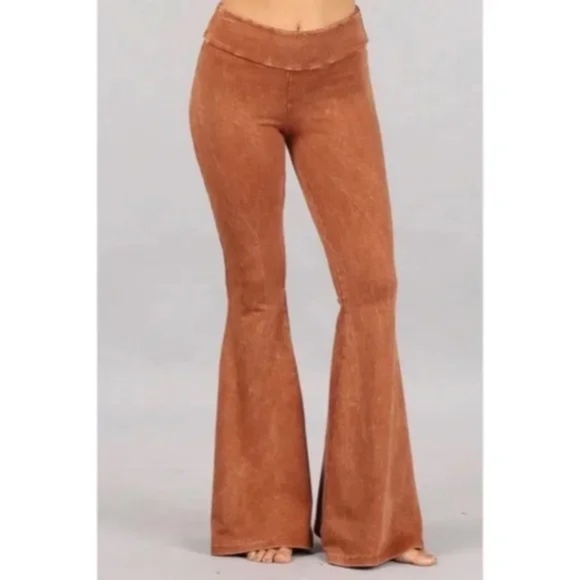 SOLD OUT Sugar Almond Mineral Wash French Terry Flared Bell Bottom Pull On Pants - Picture 3 of 5